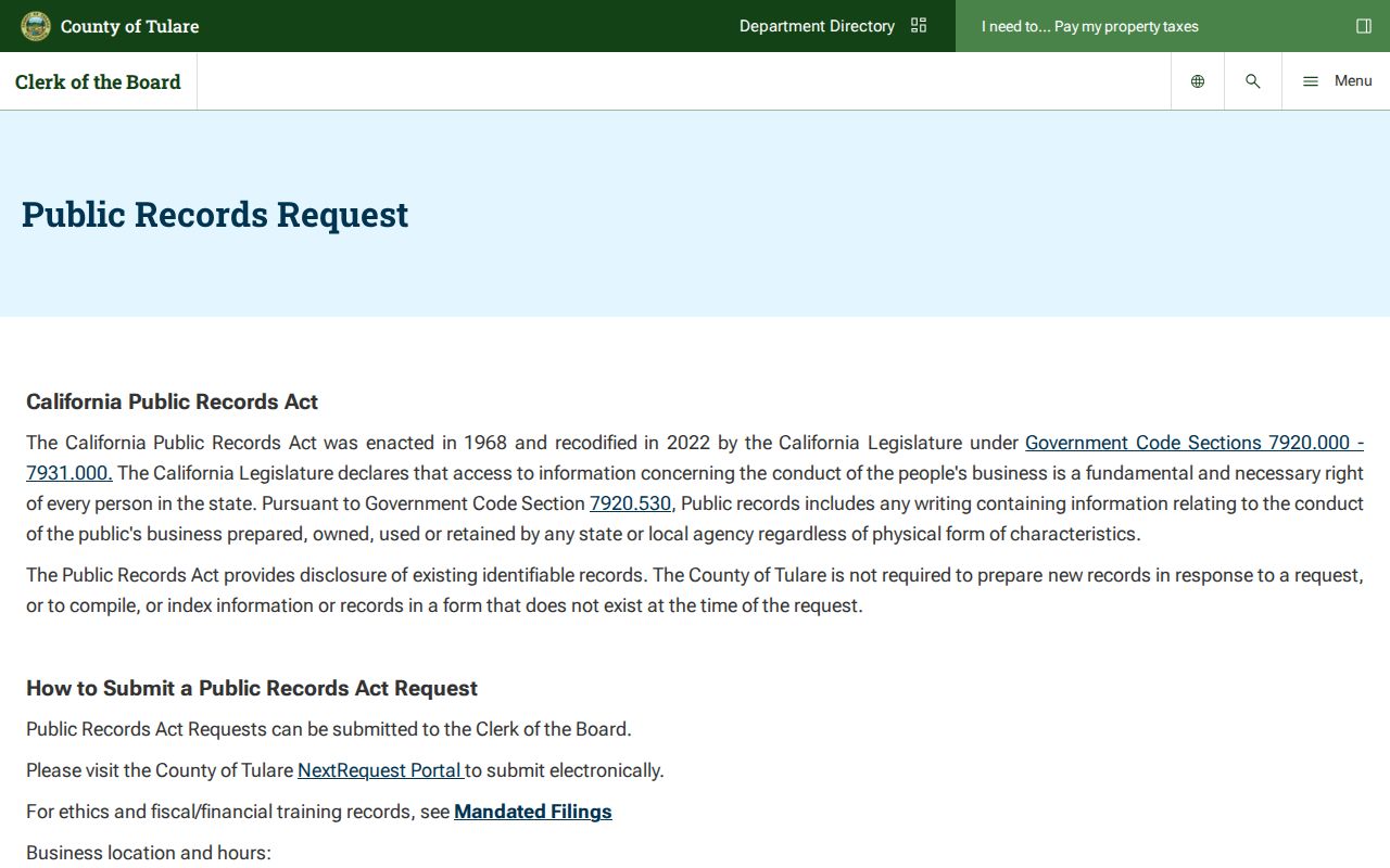 Tulare County residents directory California Public Records Act request