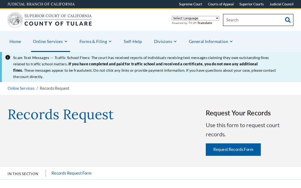 Tulare County resident lookup through the Superior Court case index