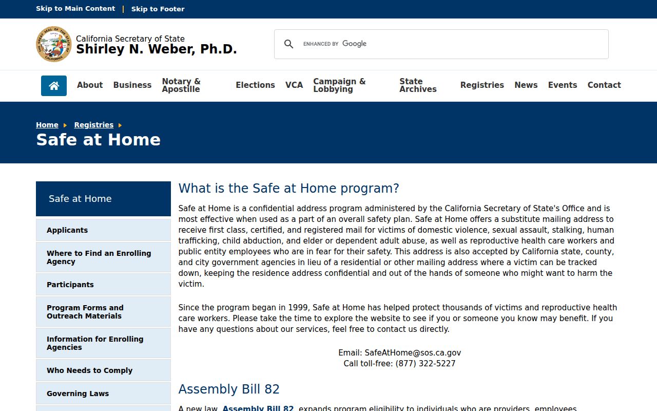 Tulare County ZIP code directory Safe at Home address confidentiality information
